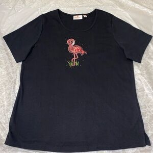 Vintage Quacker Factory Black Top Pink Flamingo Bedazzled Sequins Size Large